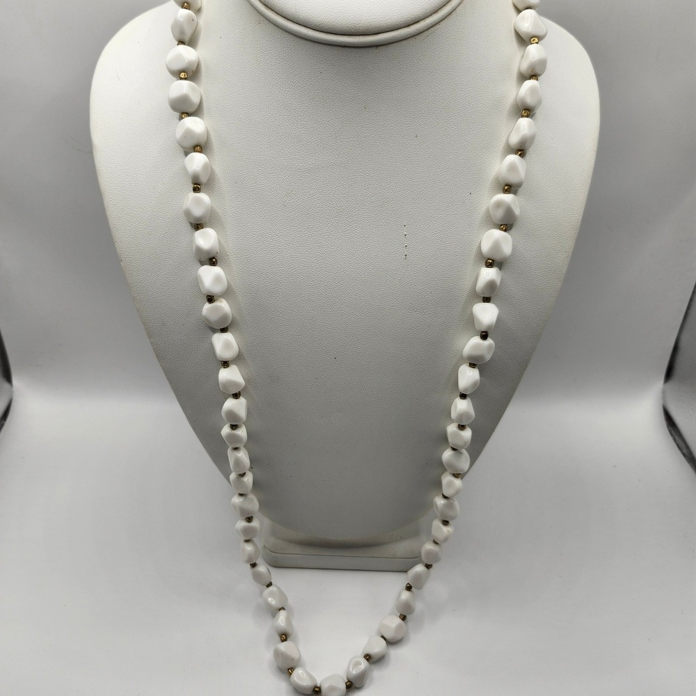 Vintage Trifari White Lucite Pebble Bead Necklace Gold Tone Spacers Crown Tag